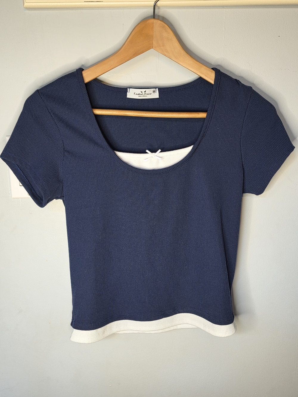 Rebellious Dreamer Ribbed Baby Tee Navy Cream Coquette Bow Top Y2K Kid Med